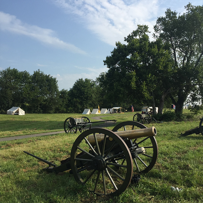 Cannon in a field with a blue sky